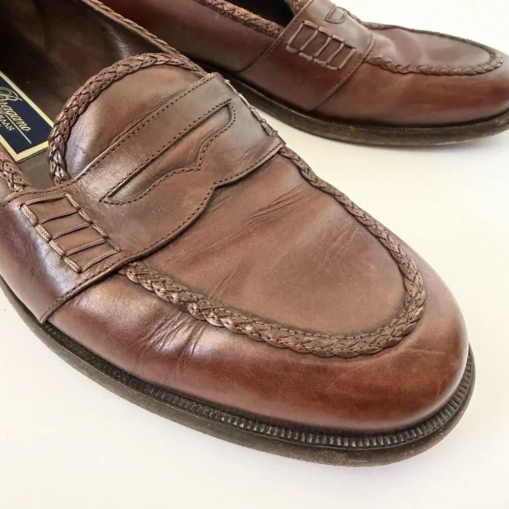 Bragano by Cole Haan Mens 11 M Brown Leather Penny Loafers Italy Braided